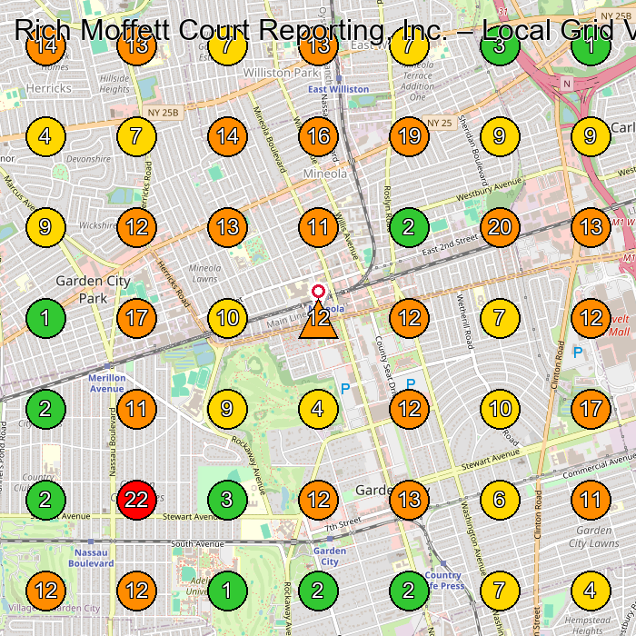 Rich Moffett Court Reporting, Inc. Court Reporter GeoGrid ranking map for Mineola NY