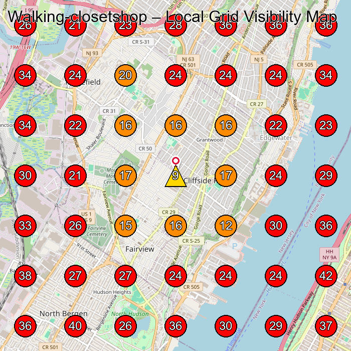 Walking-closetshop GeoGrid visibility map for Women'S Clothing Store in Cliffside Park