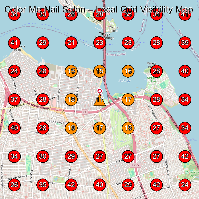 Color Me Nail Salon GeoGrid visibility map for Sala³N De Manicura Y Pedicura in Flushing