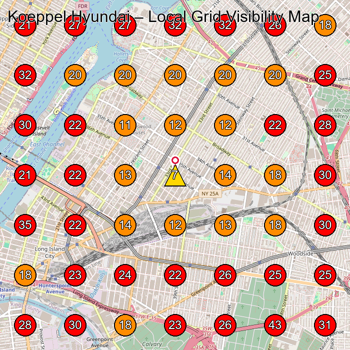 Koeppel Hyundai GeoGrid visibility map for Chevrolet Dealer in Queens