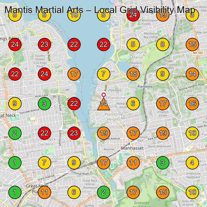 Mantis Martial Arts Martial Arts School GeoGrid ranking map for Manhasset NY