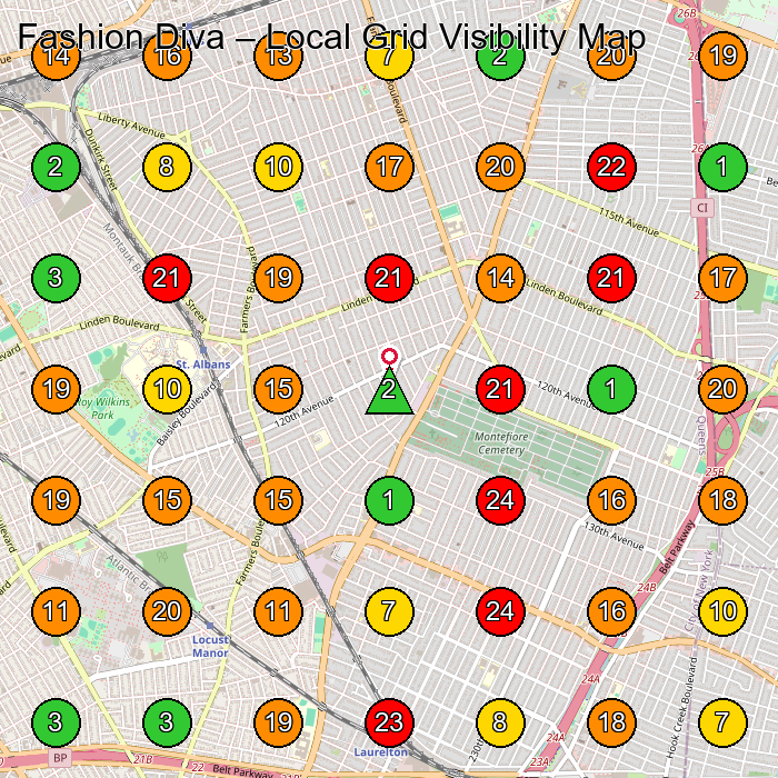 Fashion Diva Women'S Clothing Store GeoGrid ranking map for St. Albans NY