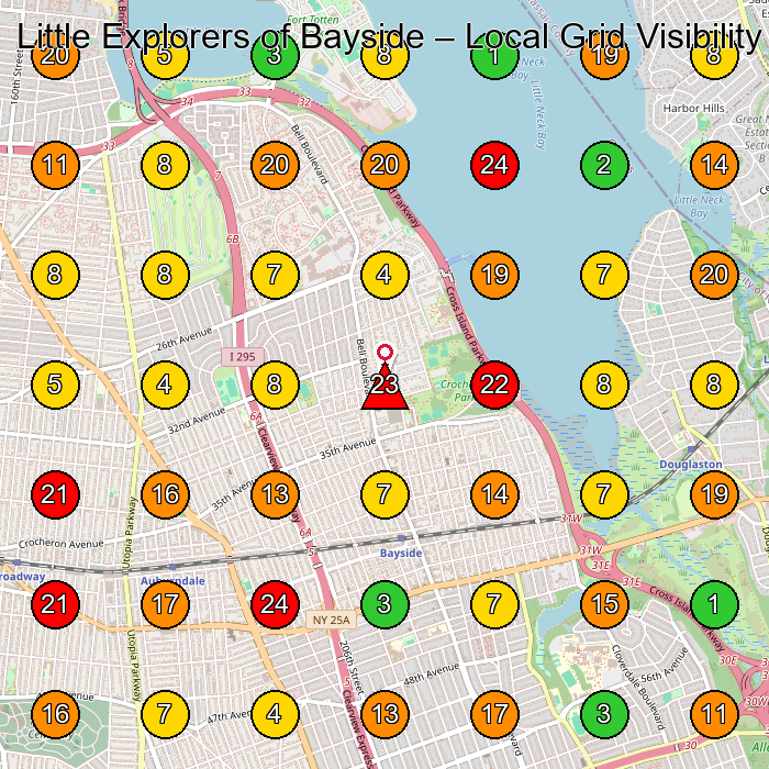 Little Explorers of Bayside Day Care Center GeoGrid ranking map for Queens NY
