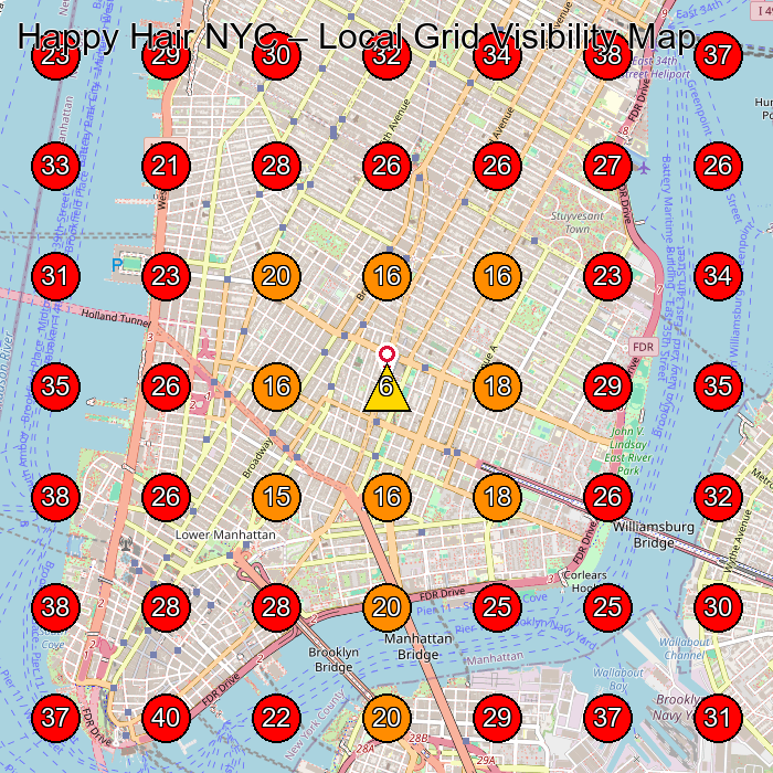 Happy Hair NYC GeoGrid visibility map for Day Spa in New York