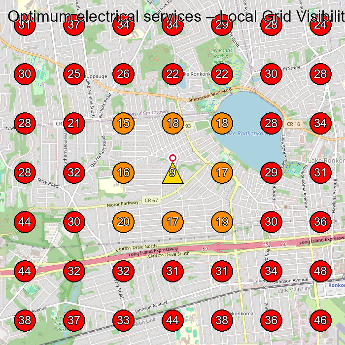 Optimum electrical services GeoGrid visibility map for Electrician in Ronkonkoma