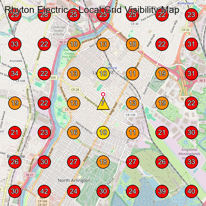 Rhyton Electric GeoGrid visibility map for Electrician in Lyndhurst