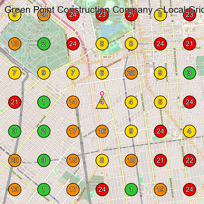 Green Point Construction Company General Contractor GeoGrid ranking map for Brooklyn NY