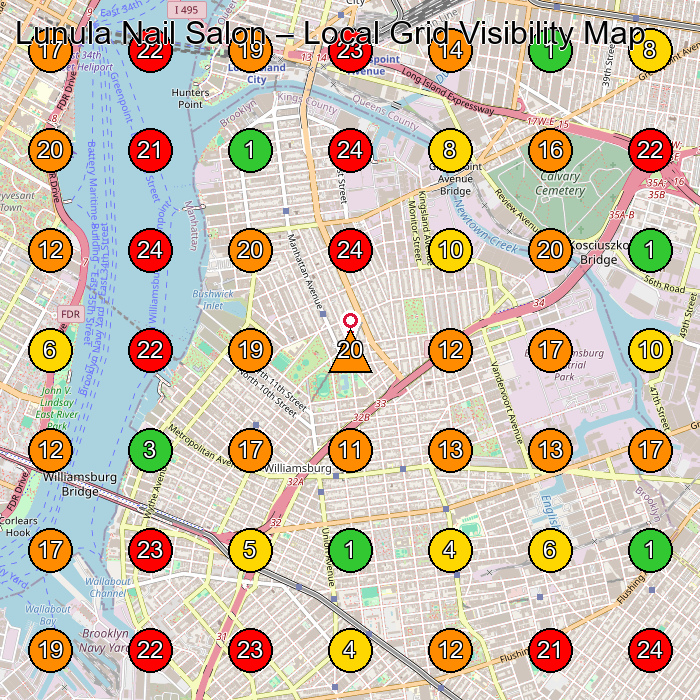 Lunula Nail Salon Nail Salon GeoGrid ranking map for Brooklyn NY