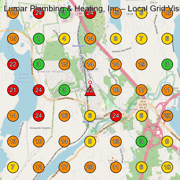 Lumar Plumbing & Heating, Inc Plumber GeoGrid ranking map for Brewster NY