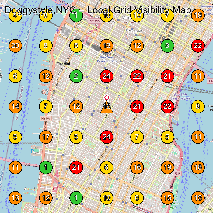 Doggystyle,NYC Pet Groomer GeoGrid ranking map for New York NY