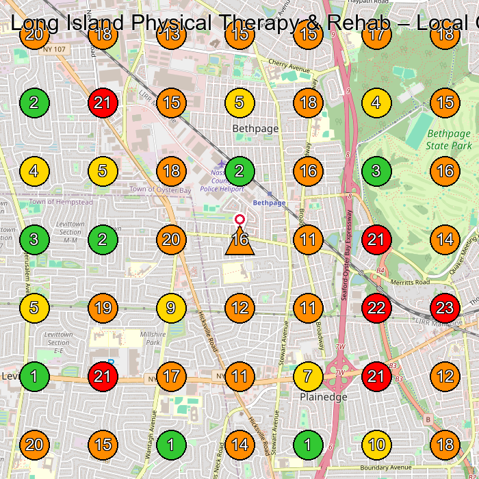 Long Island Physical Therapy & Rehab Physical Therapy Clinic GeoGrid ranking map for Bethpage NY