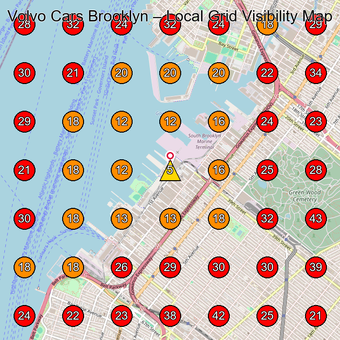 Volvo Cars Brooklyn GeoGrid visibility map for Used Car Dealer in Brooklyn