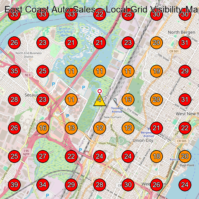 East Coast Auto Sales GeoGrid visibility map for Used Car Dealer in North Bergen