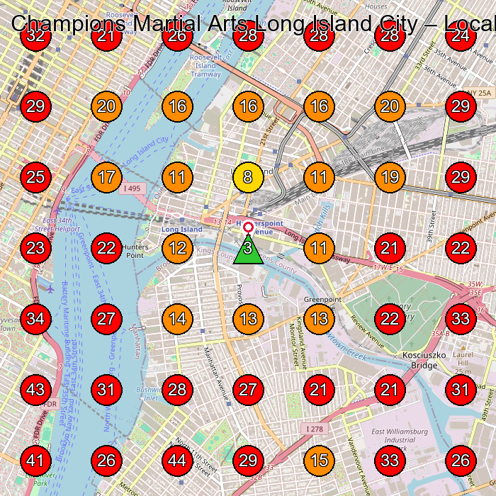 Champions Martial Arts Long Island City GeoGrid visibility map for Martial Arts School in Queens
