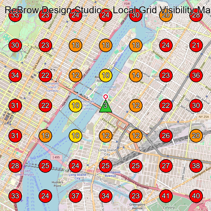 ReBrow Design Studio GeoGrid visibility map for Beauty Salon in Queens
