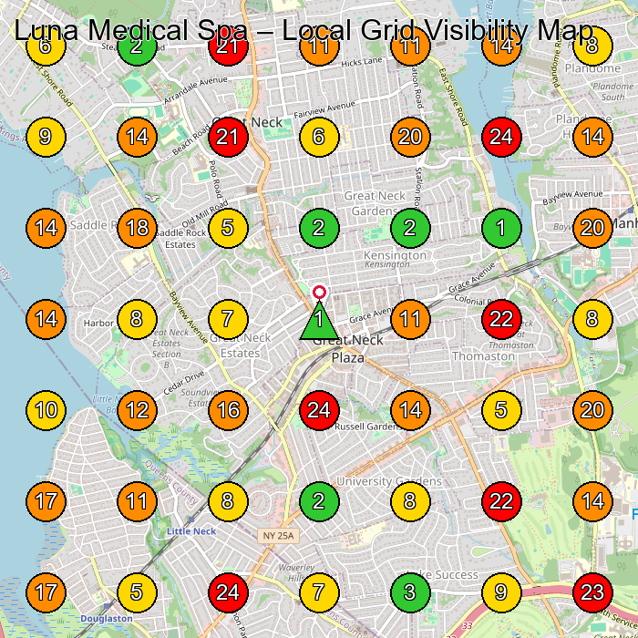 Luna Medical Spa Medical Spa GeoGrid ranking map for Great Neck NY