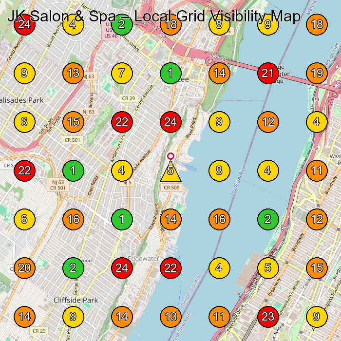 JK Salon & Spa Hair Salon GeoGrid ranking map for Fort Lee NJ