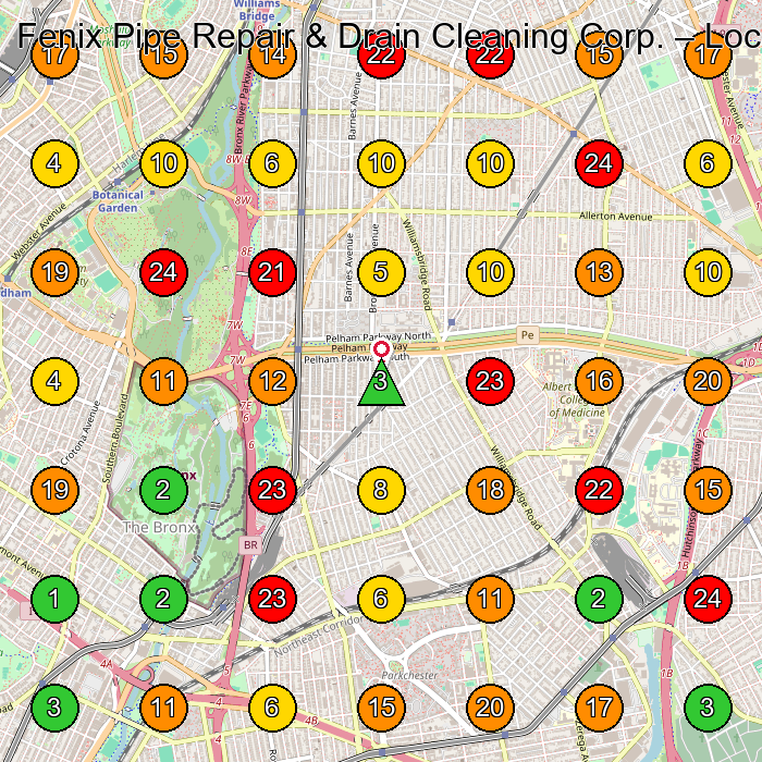 Fenix Pipe Repair & Drain Cleaning Corp. Plumber GeoGrid ranking map for Bronx NY