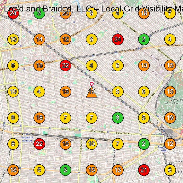 Loc'd and Braided, LLC Hair Salon GeoGrid ranking map for Brooklyn NY