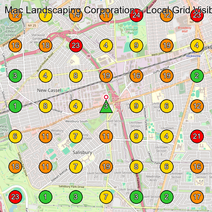 Mac Landscaping Corporation Landscaper GeoGrid ranking map for Westbury NY