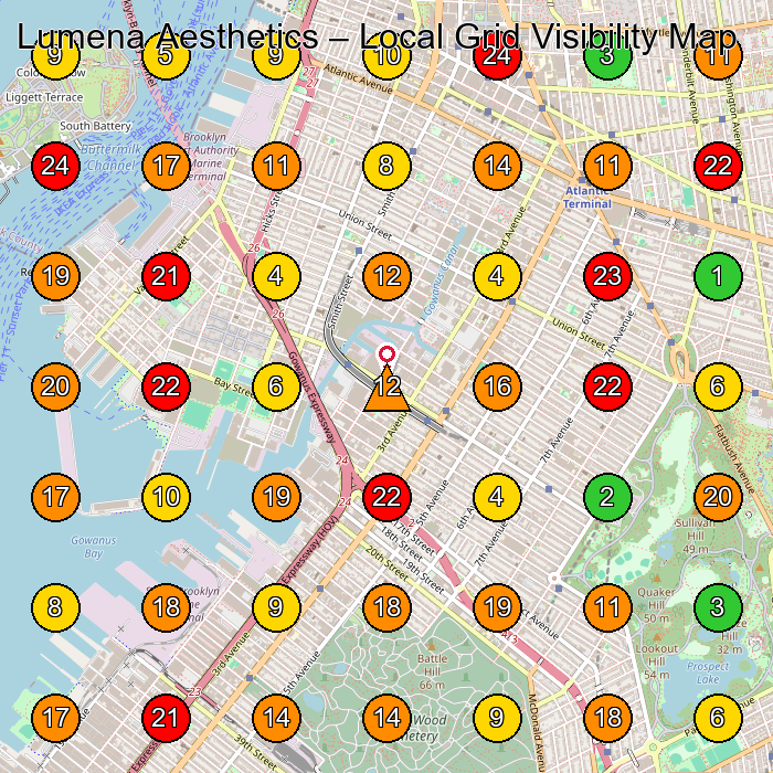 Lumena Aesthetics Medical Spa GeoGrid ranking map for Brooklyn NY