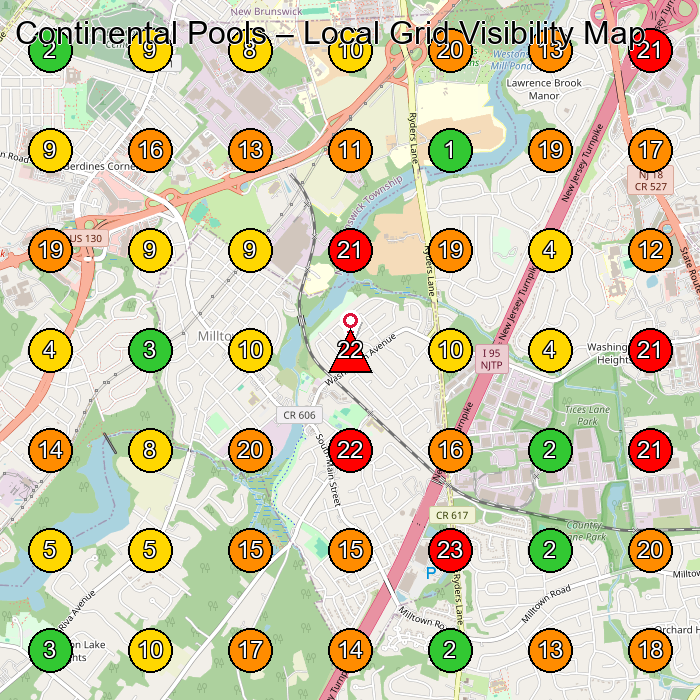 Continental Pools Swimming Pool Contractor GeoGrid ranking map for Milltown NJ