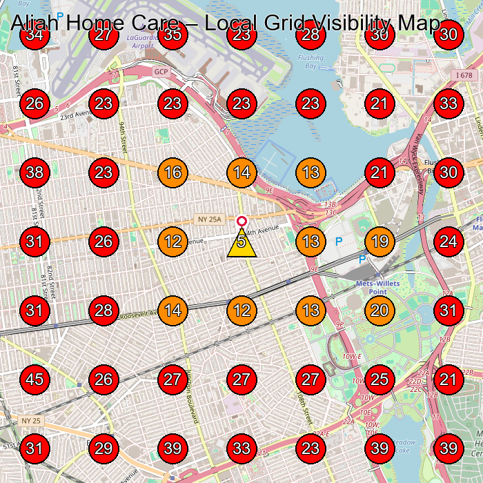 Aliah Home Care GeoGrid visibility map for Home Health Care Service in Flushing