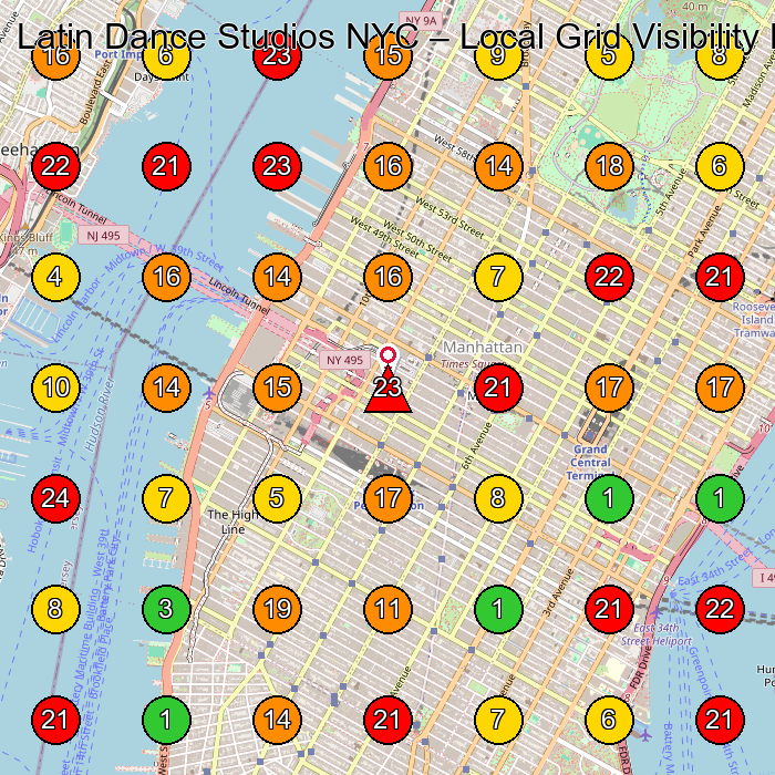 Latin Dance Studios NYC Dance School GeoGrid ranking map for New York NY
