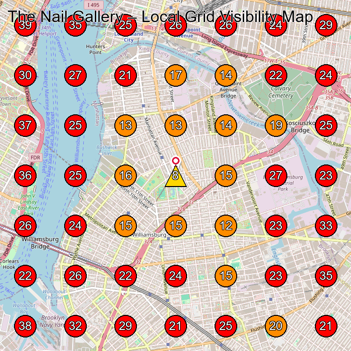 The Nail Gallery GeoGrid visibility map for Nail Salon in Brooklyn