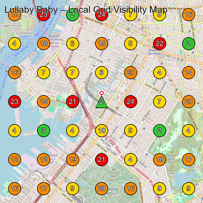 Lullaby Baby Baby Store GeoGrid ranking map for Brooklyn NY