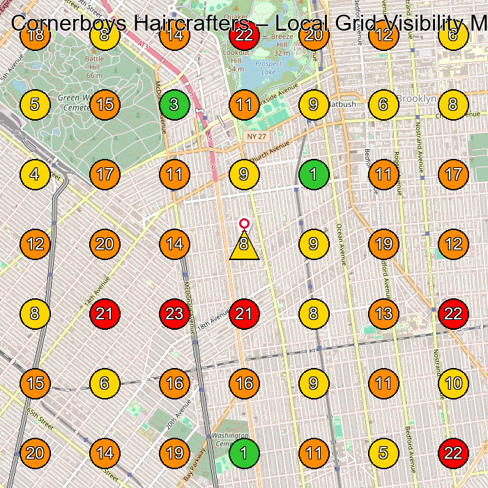 Cornerboys Haircrafters Barber Shop GeoGrid ranking map for Brooklyn NY