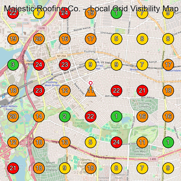 Majestic Roofing Co. Roofing Contractor GeoGrid ranking map for Flushing NY