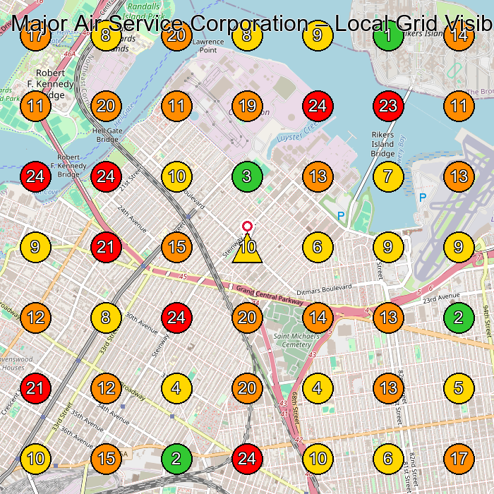Major Air Service Corporation Air Conditioning Contractor GeoGrid ranking map for Long Island City NY