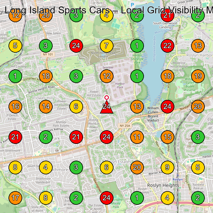 Long Island Sports Cars Car Dealer GeoGrid ranking map for Roslyn NY