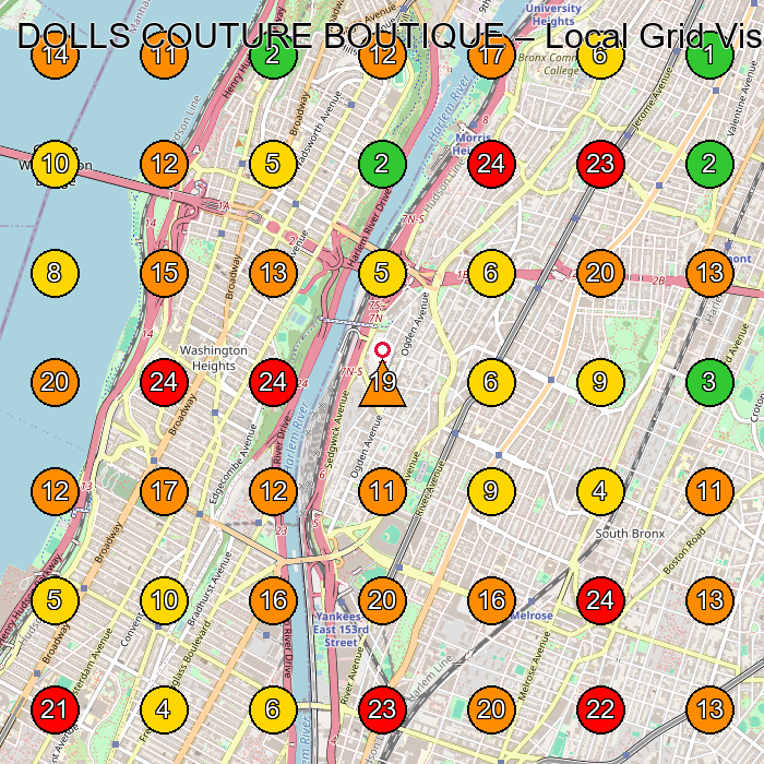 DOLLS COUTURE BOUTIQUE Boutique GeoGrid ranking map for Bronx NY