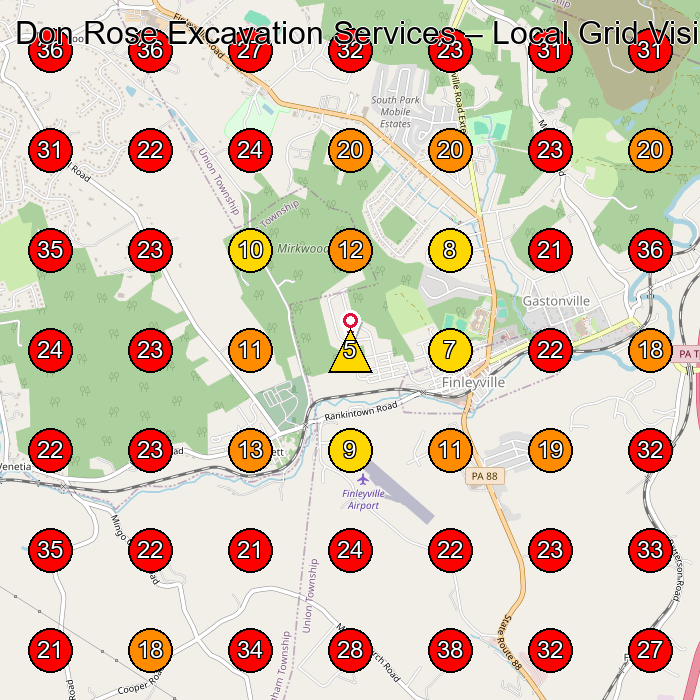 Don Rose Excavation Services GeoGrid visibility map for Excavating Contractor in Hookstown