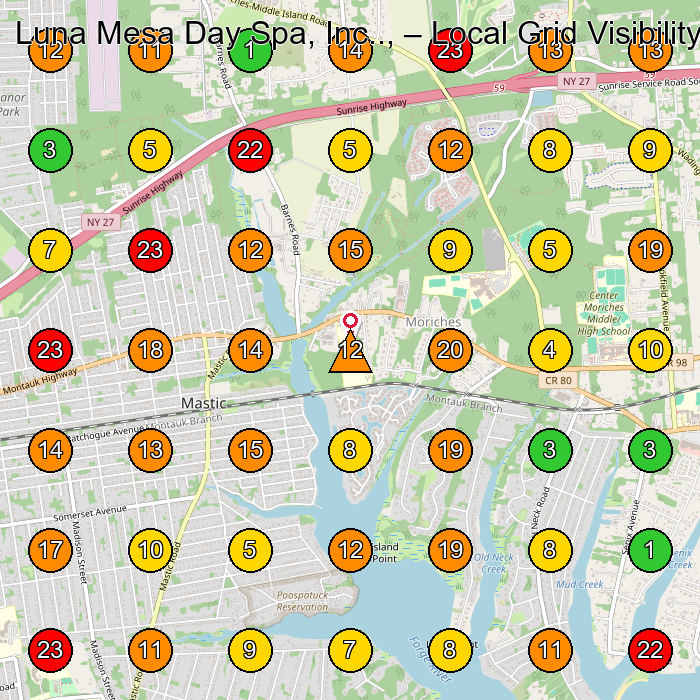 Luna Mesa Day Spa, Inc.., Day Spa GeoGrid ranking map for Moriches NY