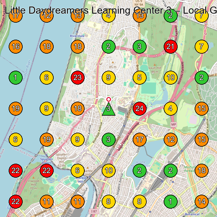 Little Daydreamers Learning Center 3 Day Care Center GeoGrid ranking map for Bronx NY
