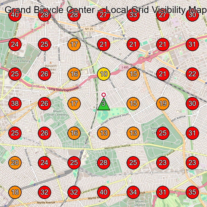 Grand Bicycle Center GeoGrid visibility map for Bicycle Store in Elmhurst