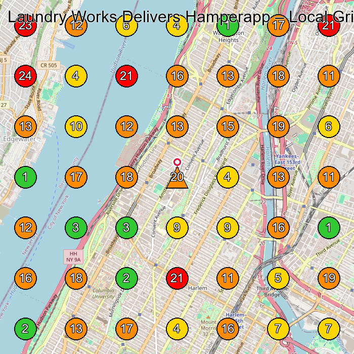 Laundry Works Delivers Hamperapp Laundromat GeoGrid ranking map for Manhattan NY