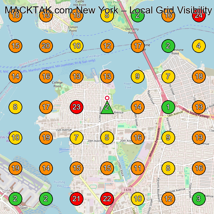 MACKTAK.com New York Clothing Store GeoGrid ranking map for College Point NY