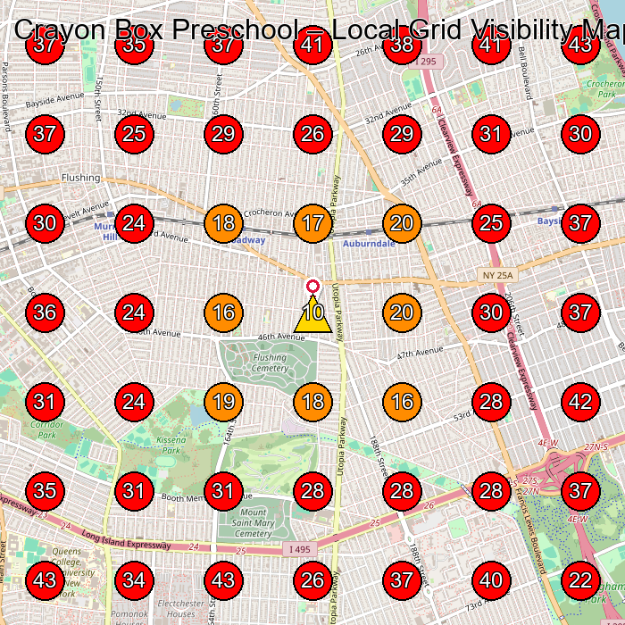 Crayon Box Preschool GeoGrid visibility map for Day Care Center in Queens