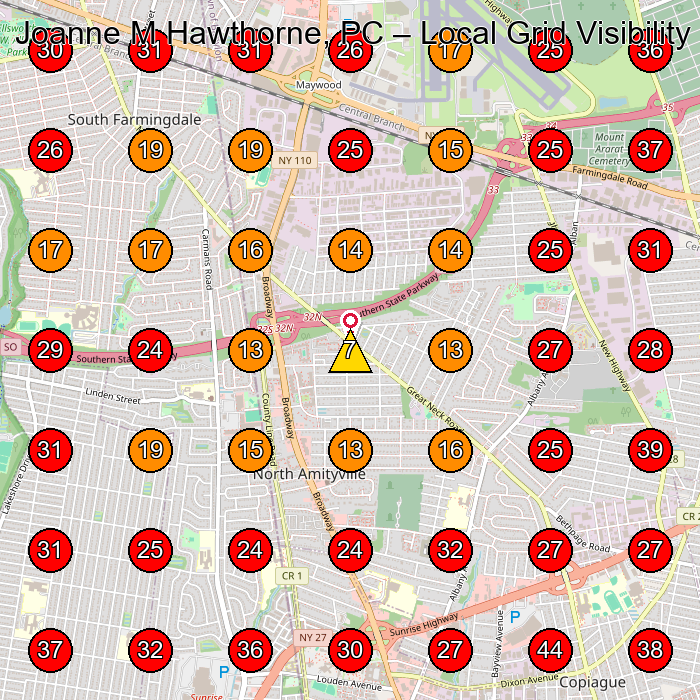 Joanne M Hawthorne, PC GeoGrid visibility map for Legal Services in Copiague