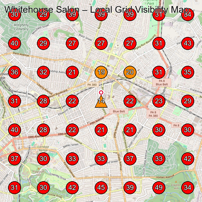 Whitehouse Salon GeoGrid visibility map for Boutique in Oakmont