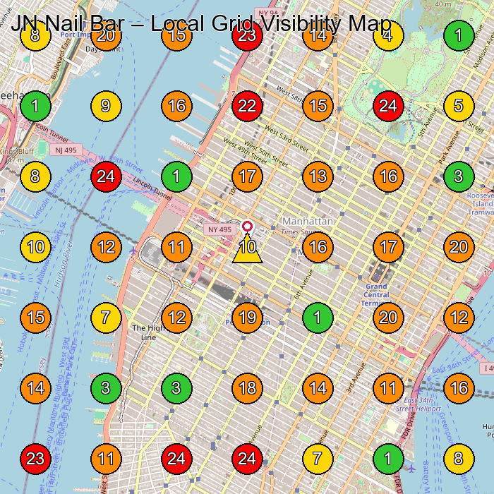 JN Nail Bar Nail Salon GeoGrid ranking map for New York NY