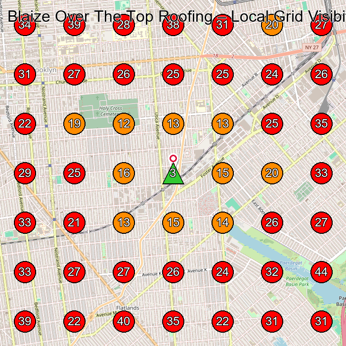 Blaize Over The Top Roofing GeoGrid visibility map for Roofing Contractor in Brooklyn