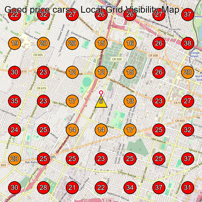 Good price cars GeoGrid visibility map for Used Car Dealer in East Orange