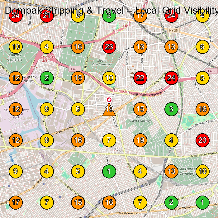 Dompak Shipping & Travel Firma Transportowa GeoGrid ranking map for Queens NY