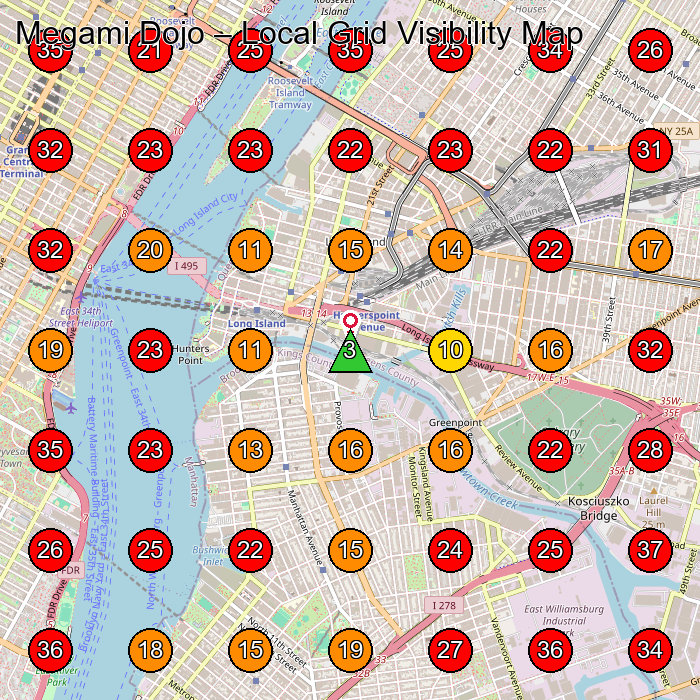 Megami Dojo GeoGrid visibility map for Martial Arts School in Queens