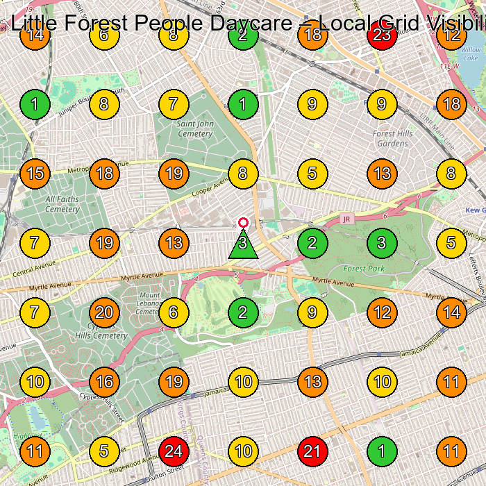 Little Forest People Daycare Day Care Center GeoGrid ranking map for Glendale NY